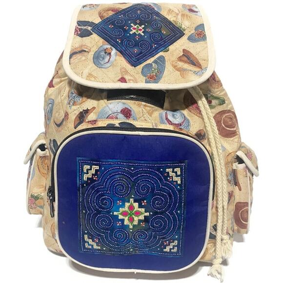 Quilted Ladies Backpack With Bonnet Hats Brown and Blue 13 x 14 - Picture 3 of 11